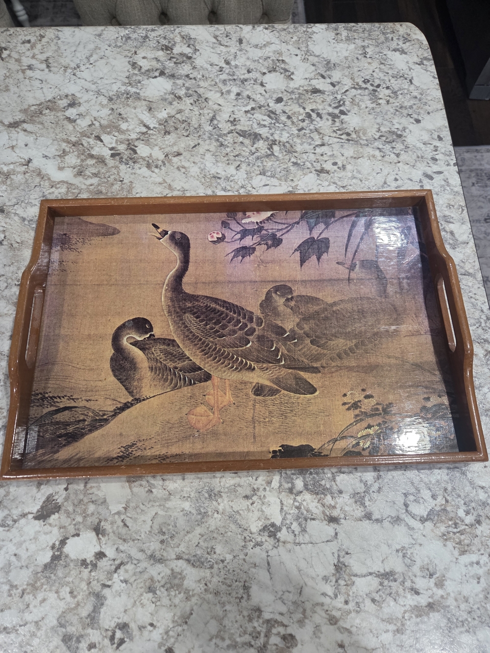 Vintage Style Brown Wood Serving Tray with Duck Illustration MCM